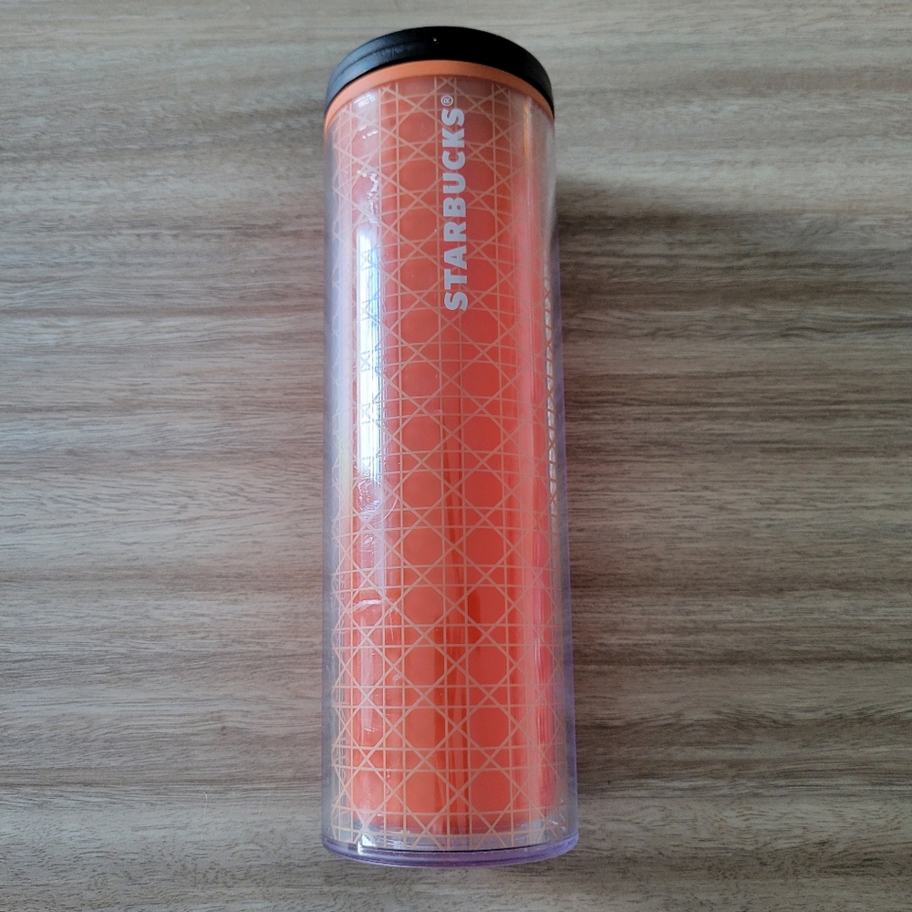 StarBucks 16Oz Stainless Orange/Peach & White Geometric Pattern Tumbler 272018